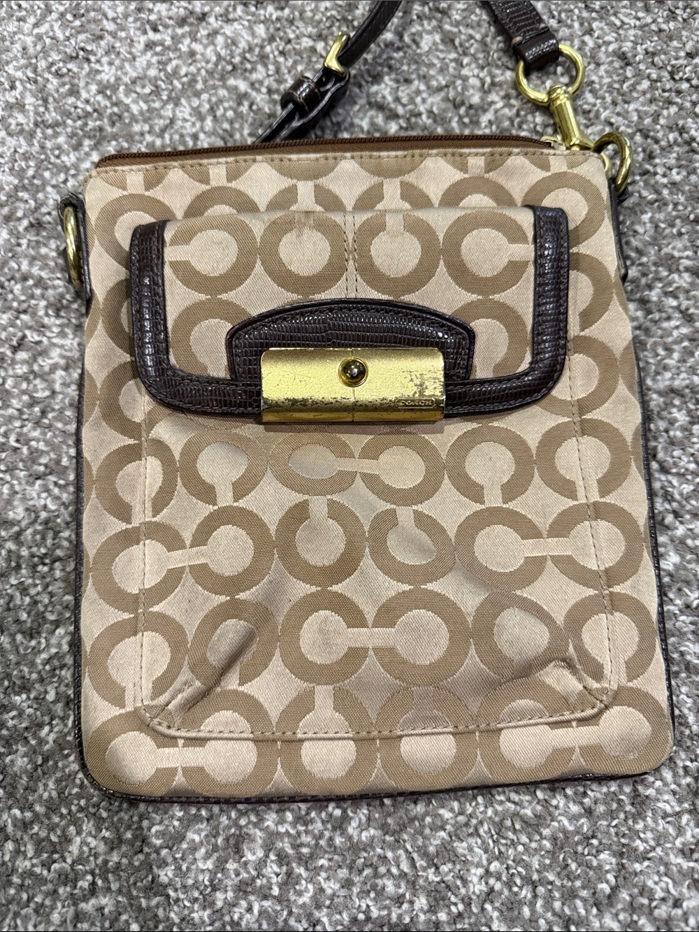 Coach Beige/Tan Signature Canvas Crossbody with Brown Trim